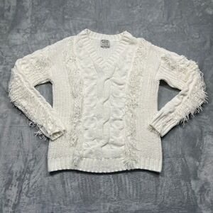 FCT WITH LOVE Sweater Women Medium Cream‎ Chenille Cable Knit Fringe V-Neck